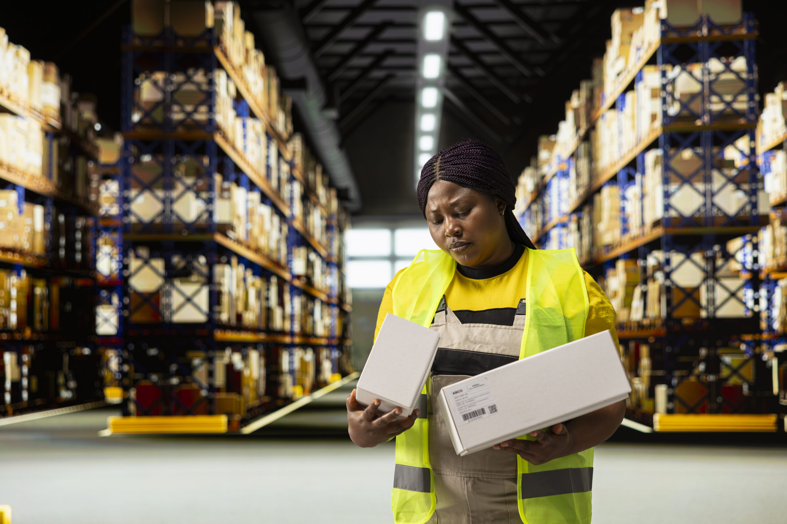 Busy employee managing the order fulfillment process in shipping area of a large business depot filled with packages. Staff oversees operations, ensuring local delivery and distribution.